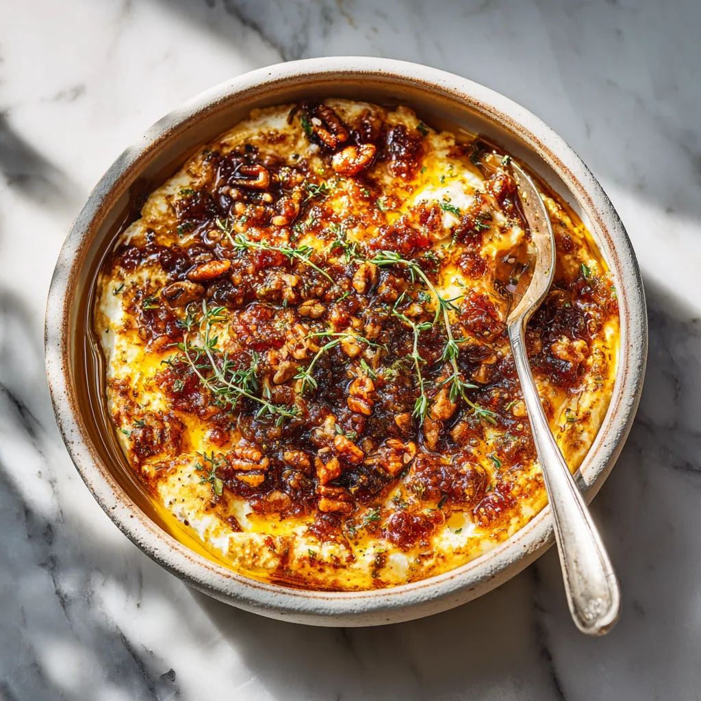 Hot Honey Whipped Feta Dip with Caramelized Onions and Fresh Thyme - secondary view